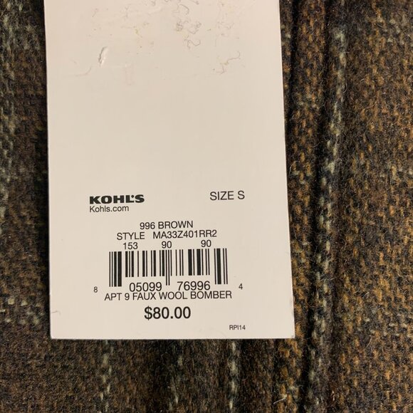 APT.9 Faux Wool Bomber Jacket Brown Plaid Standard Fit Size S - Picture 2 of 9